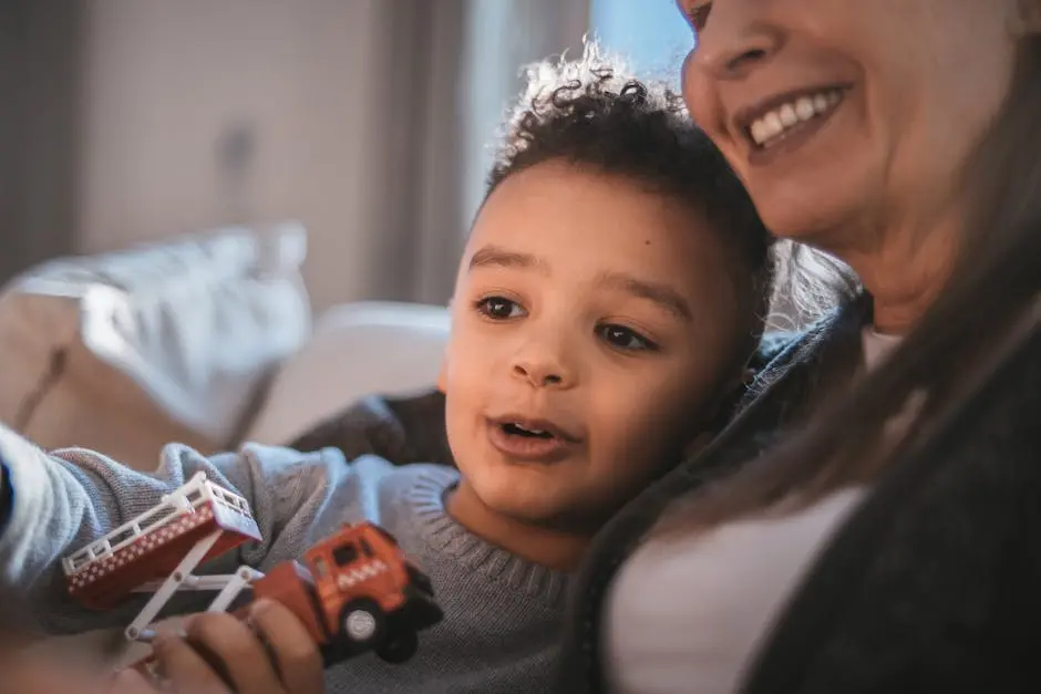 A joyful moment between a child and grandparent in a cozy home setting, showcasing love and warmth.