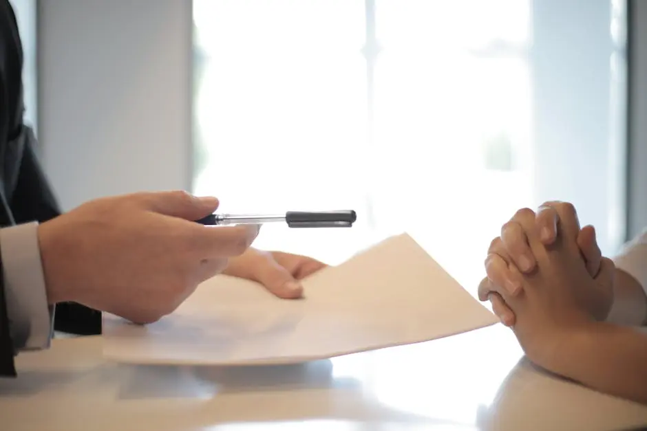 Close-up of a contract signing with hands over documents. Professional business interaction.