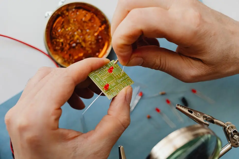 Detailed shot of hand soldering components on a circuit board.