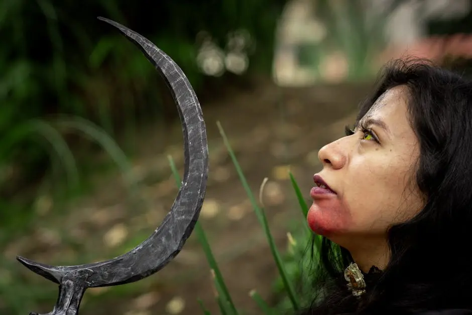 A dramatic portrait of a woman in Halloween makeup holding a scythe outdoors.