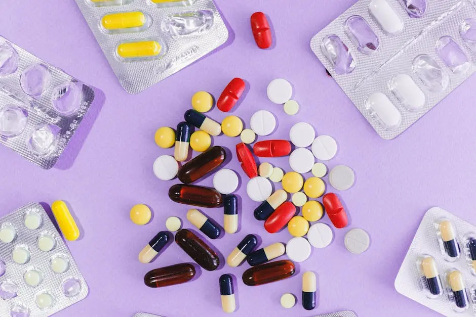 A variety of colorful pills and capsules displayed on a purple background in blister packs.