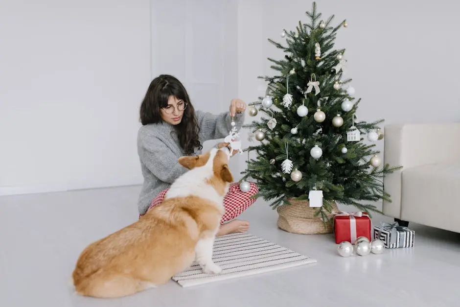 A Woman in Gray Sweater Showing the Christmas Ornament to Her Corgi Dog