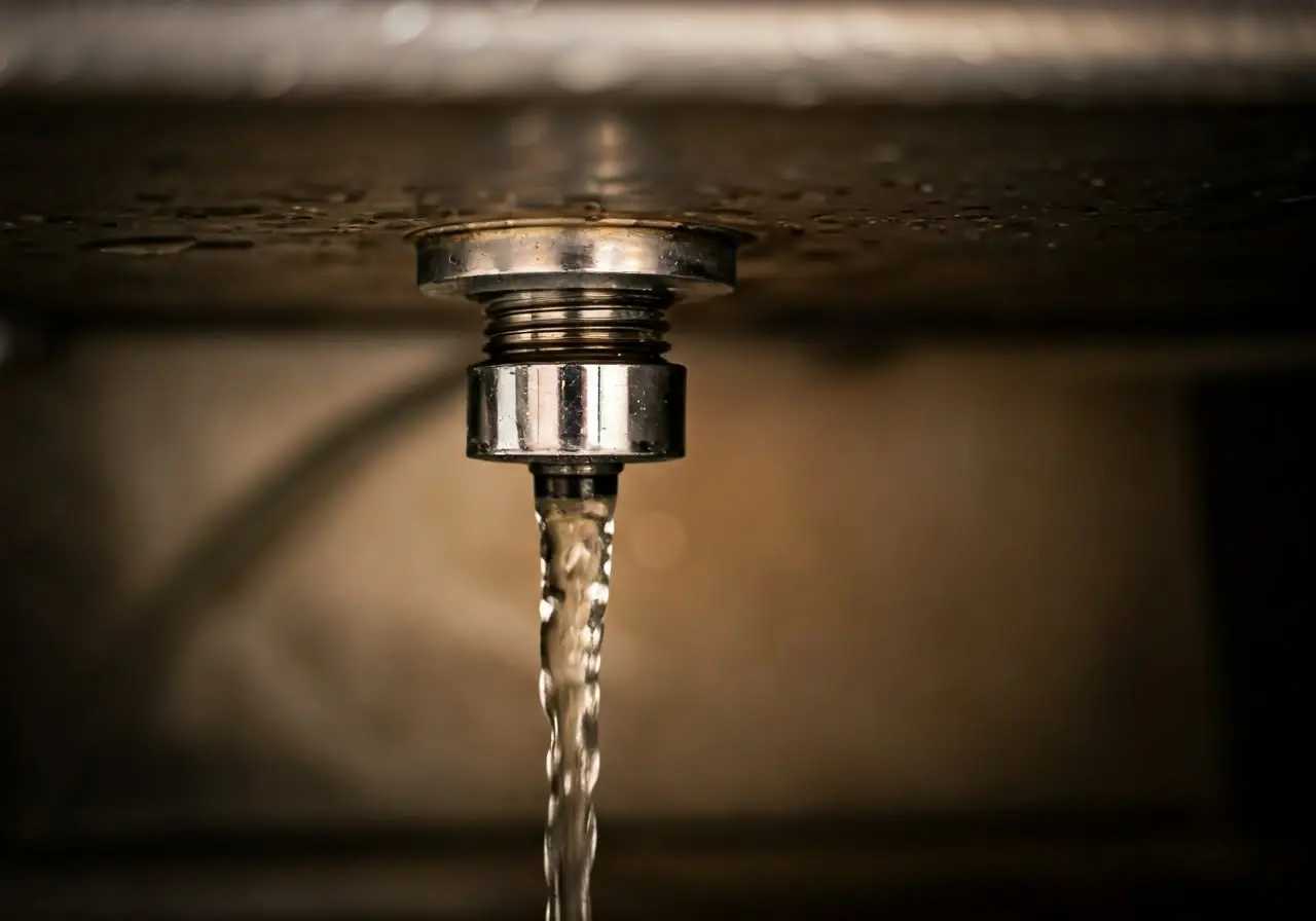 A close-up of a water leak under a kitchen sink. 35mm stock photo