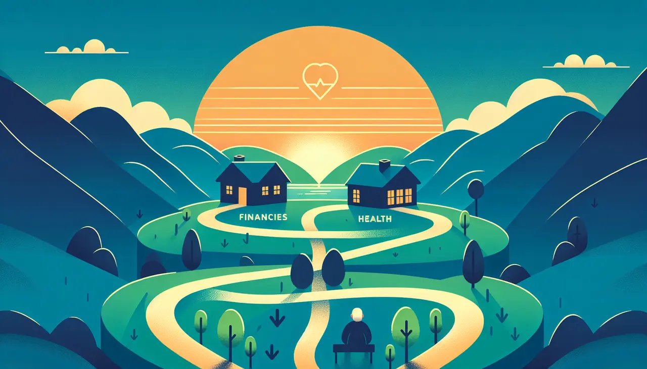 Draw a graphic in flat design style. Create an image of a serene landscape with three paths representing finances, health, and spirituality, leading towards a retirement home at sunset. Keep the design minimalistic and uncluttered.