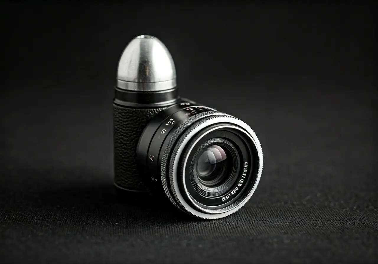 Close-up of a sleek black and white bullet camera. 35mm stock photo