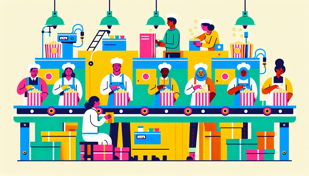 Draw a graphic in flat design style. An assembly line in a popcorn factory with workers packaging colorful holiday tins filled with popcorn in a minimalist, flat design style.