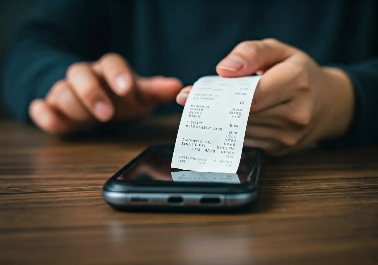 Close-up of a hand scanning receipts with a smartphone. 35mm stock photo