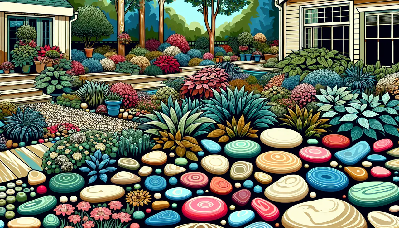 Draw a graphic in flat design style. Illustrate a selection of colorful decorative garden stones artfully arranged in a lush New Jersey garden landscape in Flat Design Style. Keep the composition simple and clean.