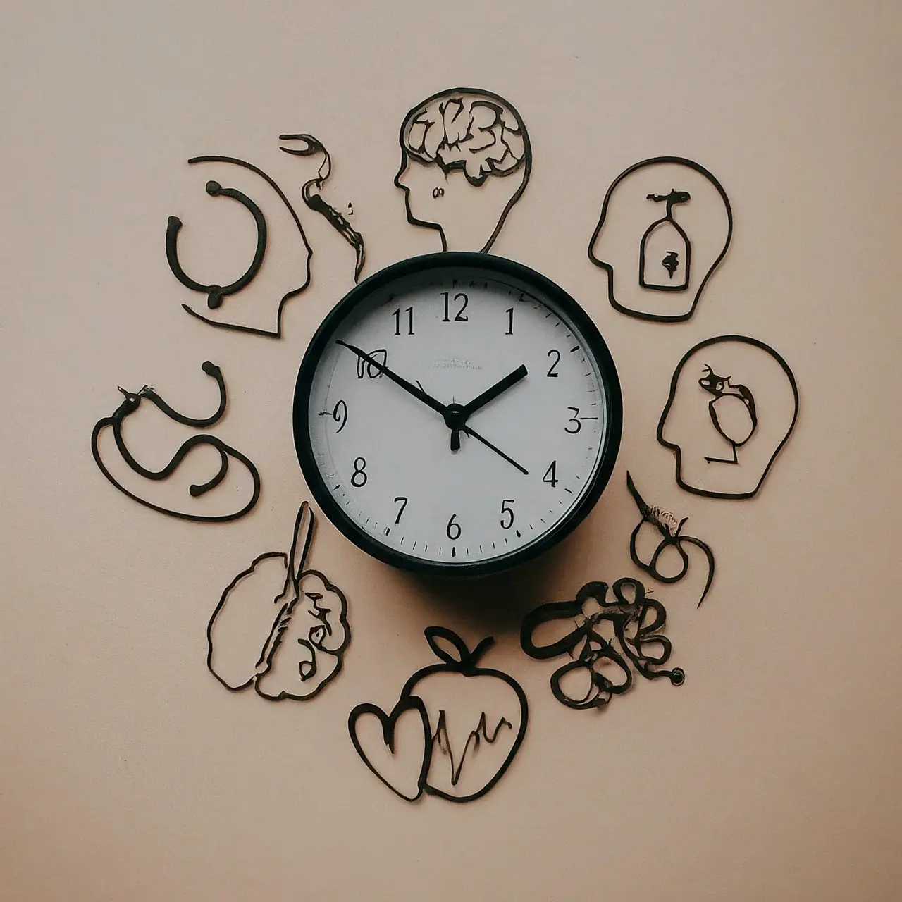 A clock surrounded by mental health care icons and symbols. 35mm stock photo