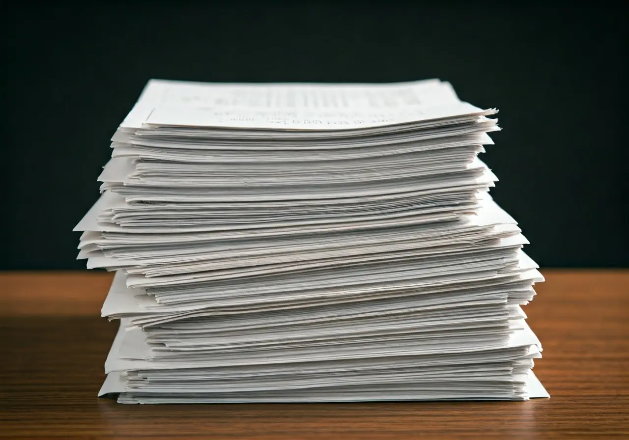 A tidy desk with a well-organized stack of receipts. 35mm stock photo