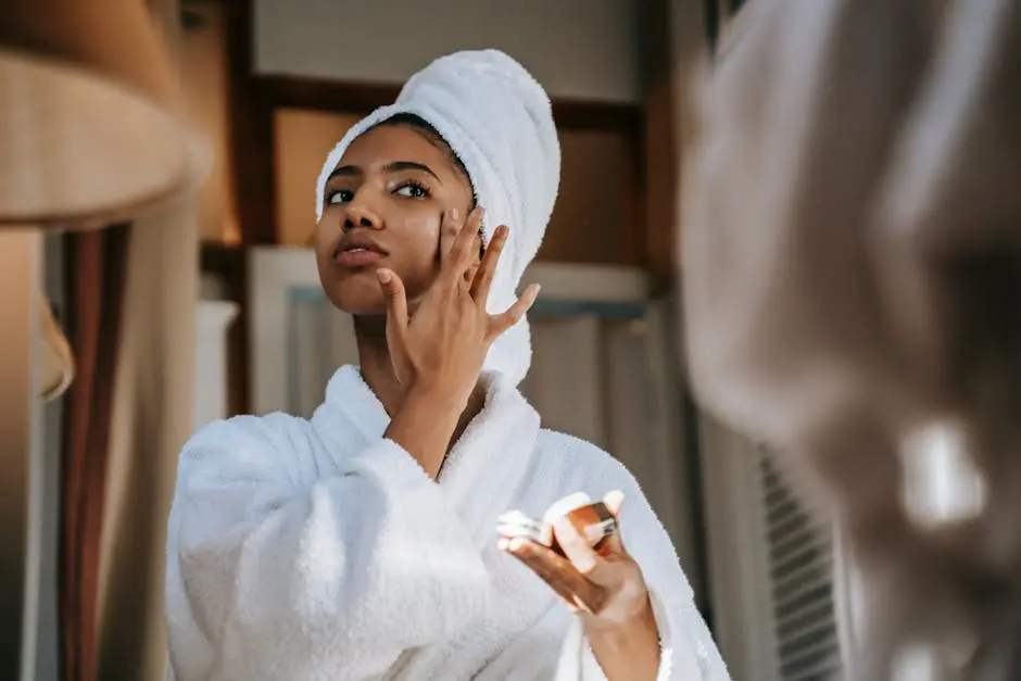 radiant glow .. Crop young ethnic female in bathrobe with terry towel on head applying smooth cream on face while looking in mirror at home