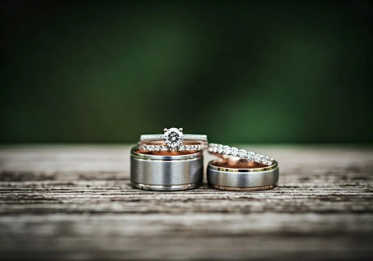 Close-up of elegant wedding bands on a rustic wooden surface. 35mm stock photo