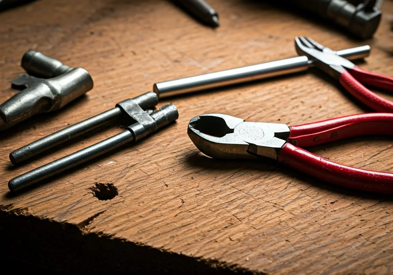 A close-up of locksmith tools on a wooden workbench. 35mm stock photo