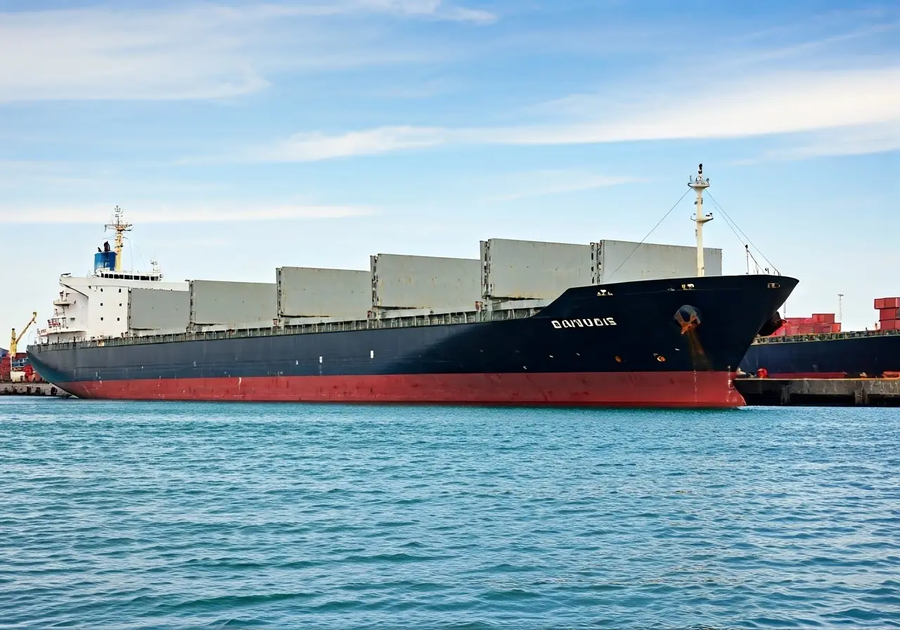 A cargo ship being loaded at a bustling international port. 35mm stock photo