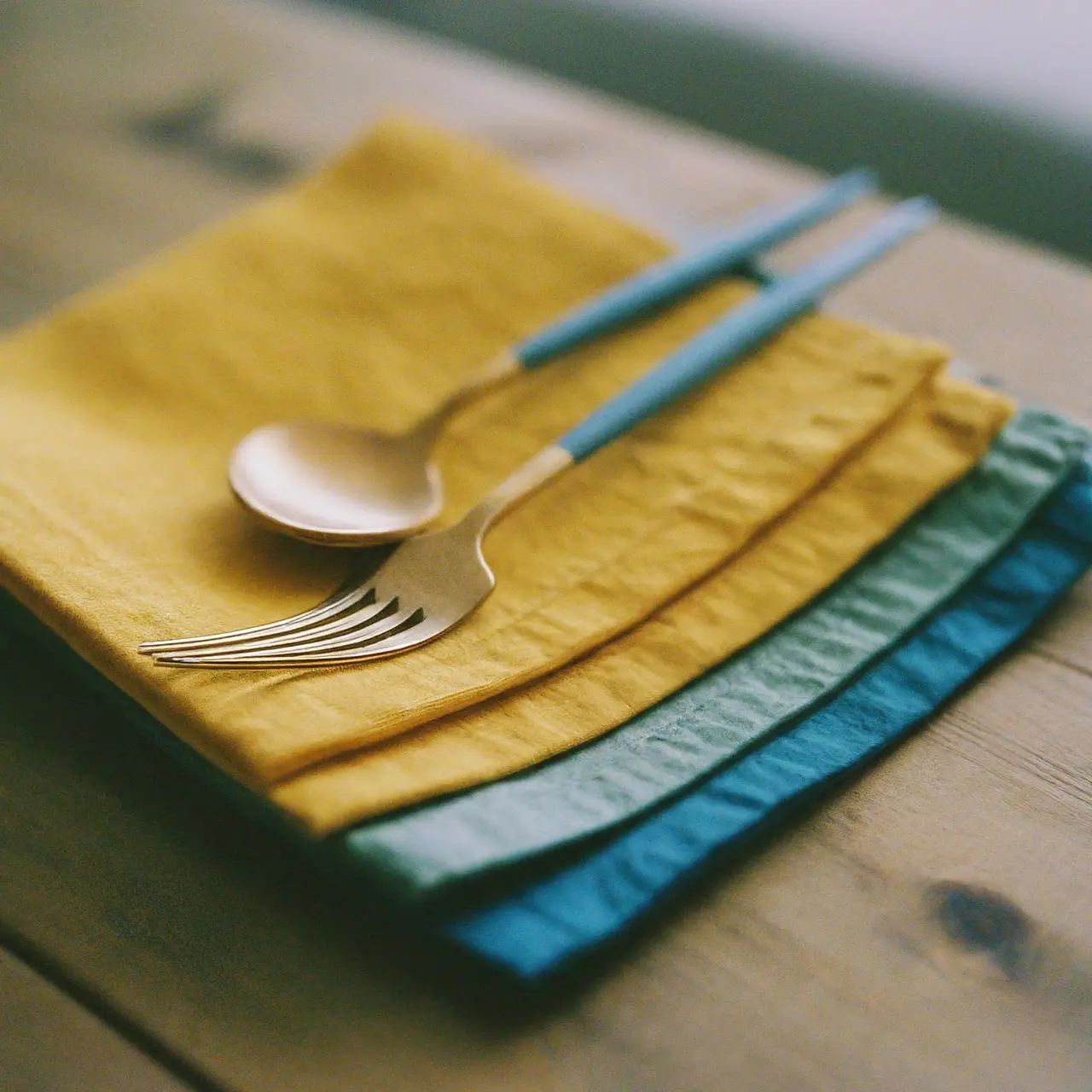 A set of colorful, eco-friendly napkins on a wooden table. 35mm stock photo