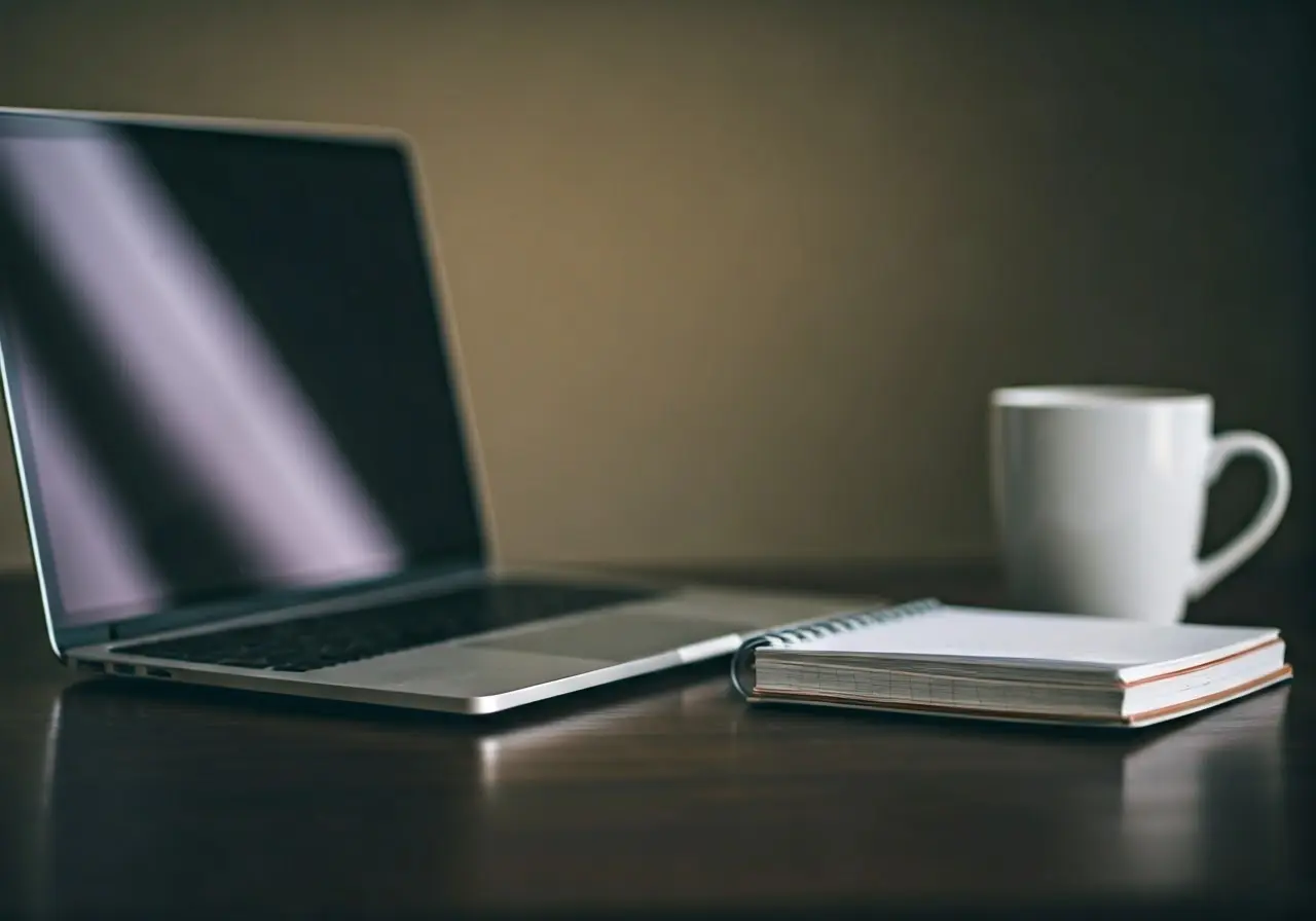 Laptop and notebook on a desk with a coffee mug. 35mm stock photo