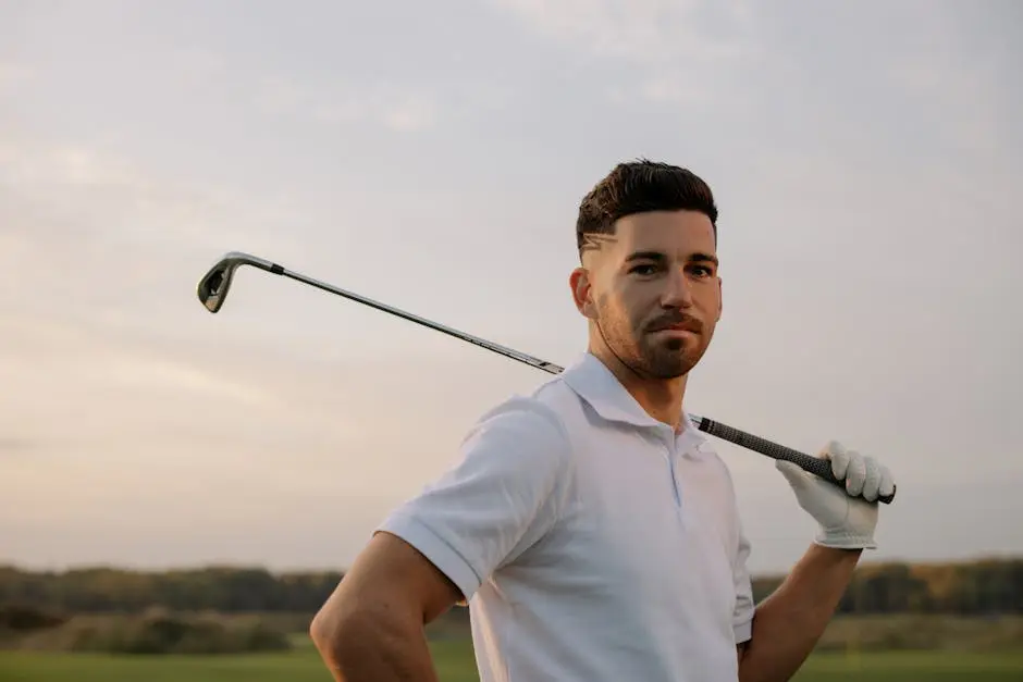 Confident male golfer posing with club at sunset, exuding style and skill.