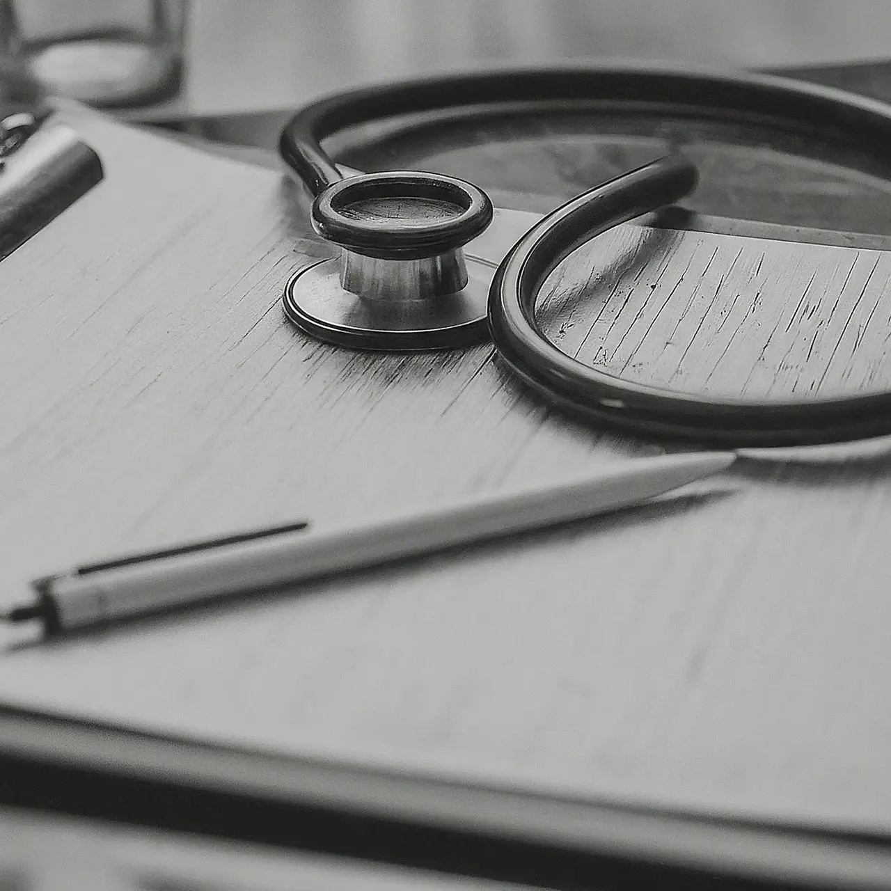 A stethoscope lying beside a clipboard with medical forms. 35mm stock photo