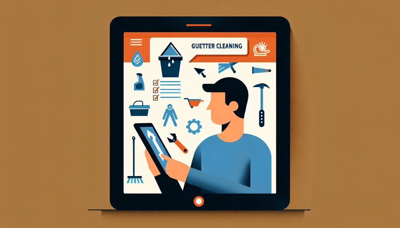 Draw a graphic in flat design style. Create an image of a person using a tablet with a gutter cleaning schedule and checklist on the screen, with simple icons representing cleaning tools around the edges.