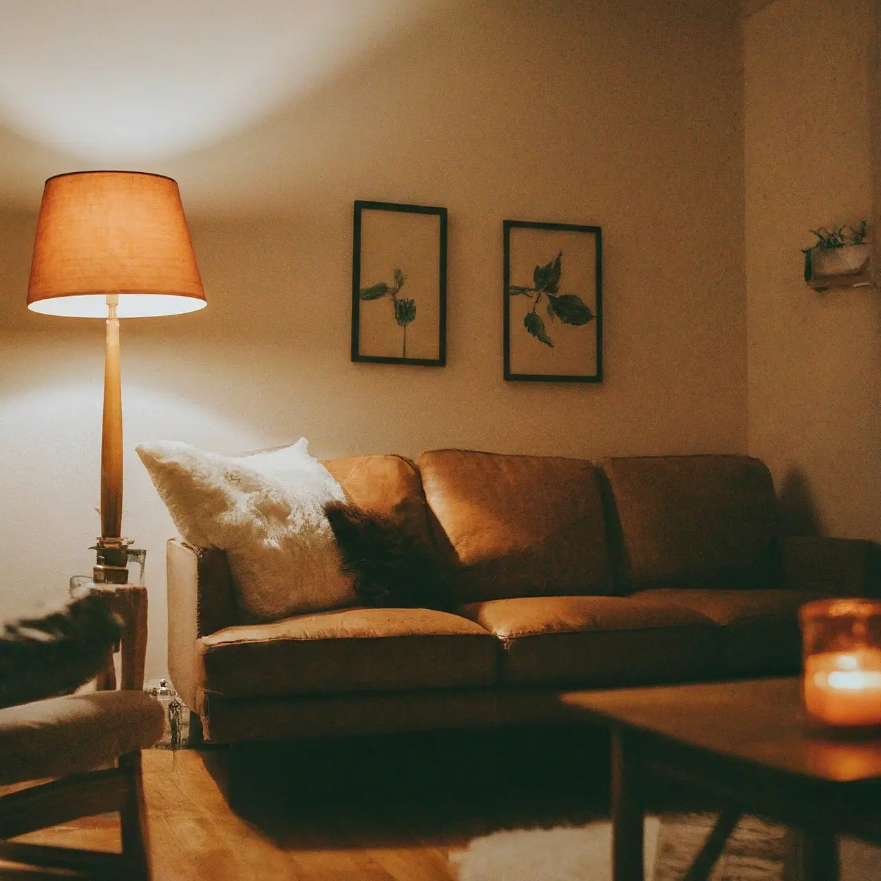 A cozy living room with comforting, warm lighting. 35mm stock photo