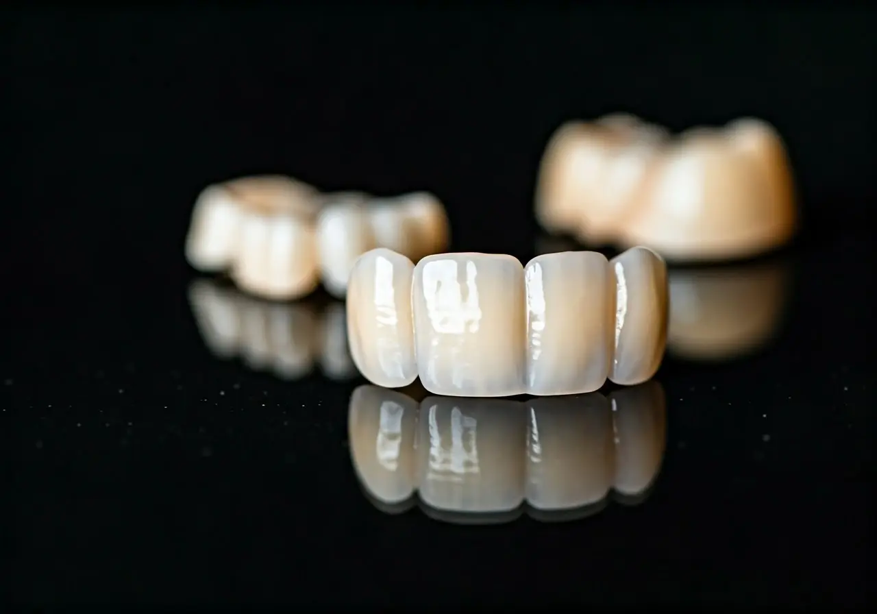 A close-up of various dental veneers on a reflective surface. 35mm stock photo