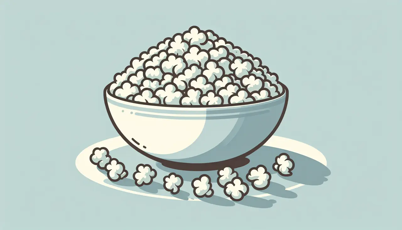 Draw a graphic in flat design style. A large bowl of popcorn with a few popcorn kernels scattered around, set against a plain, muted background.