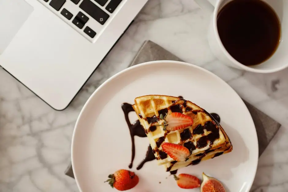 Top View of Waffles with Strawberries and Syrup