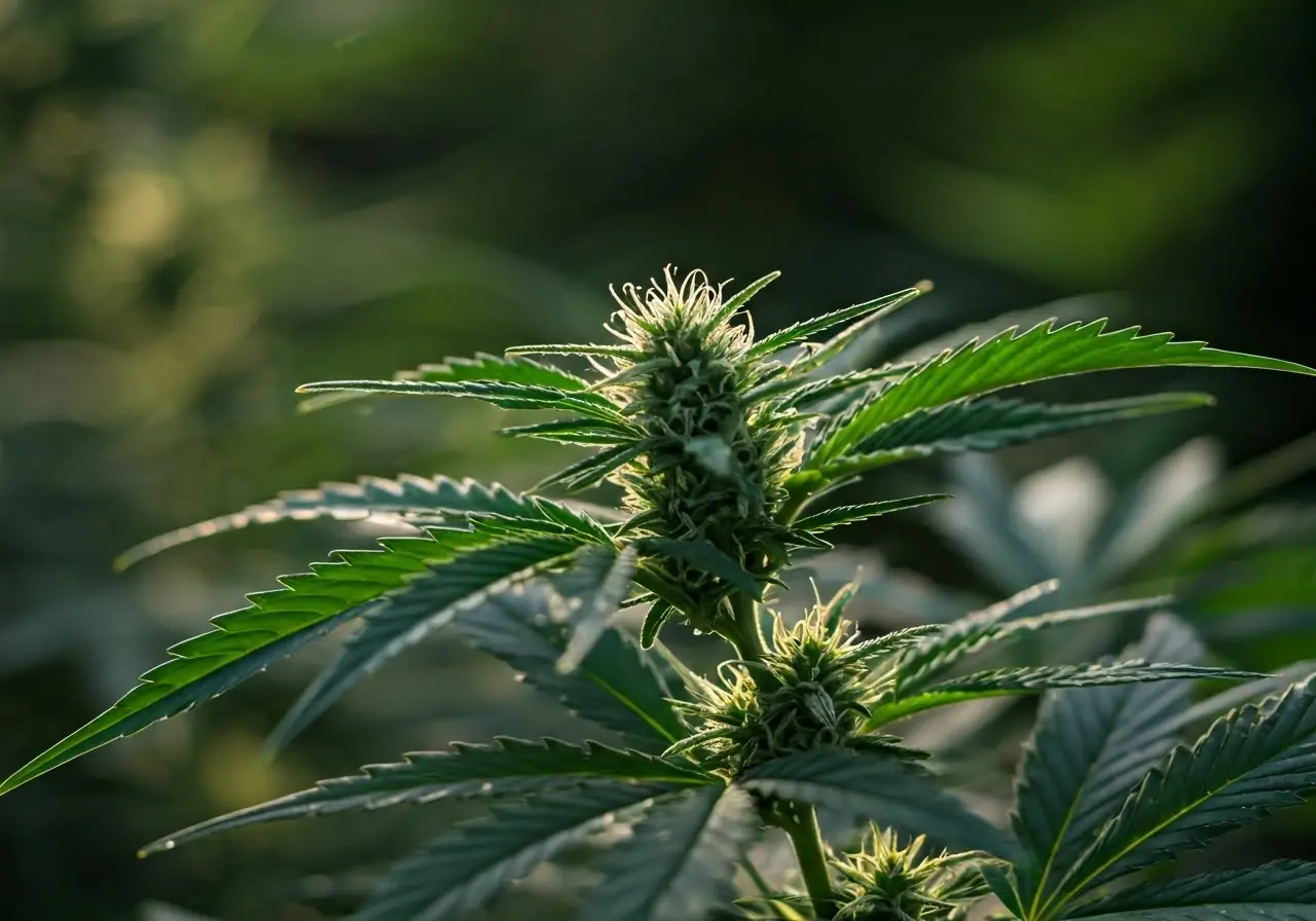 A close-up of cannabis plants with dewdrops in sunlight. 35mm stock photo