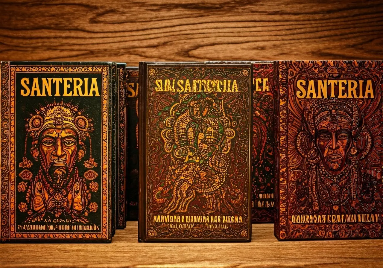 A collection of Santeria books with vibrant covers displayed. 35mm stock photo