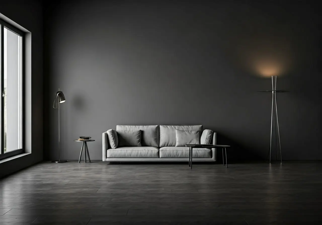 A minimalist living room with sleek, modern decor accents. 35mm stock photo