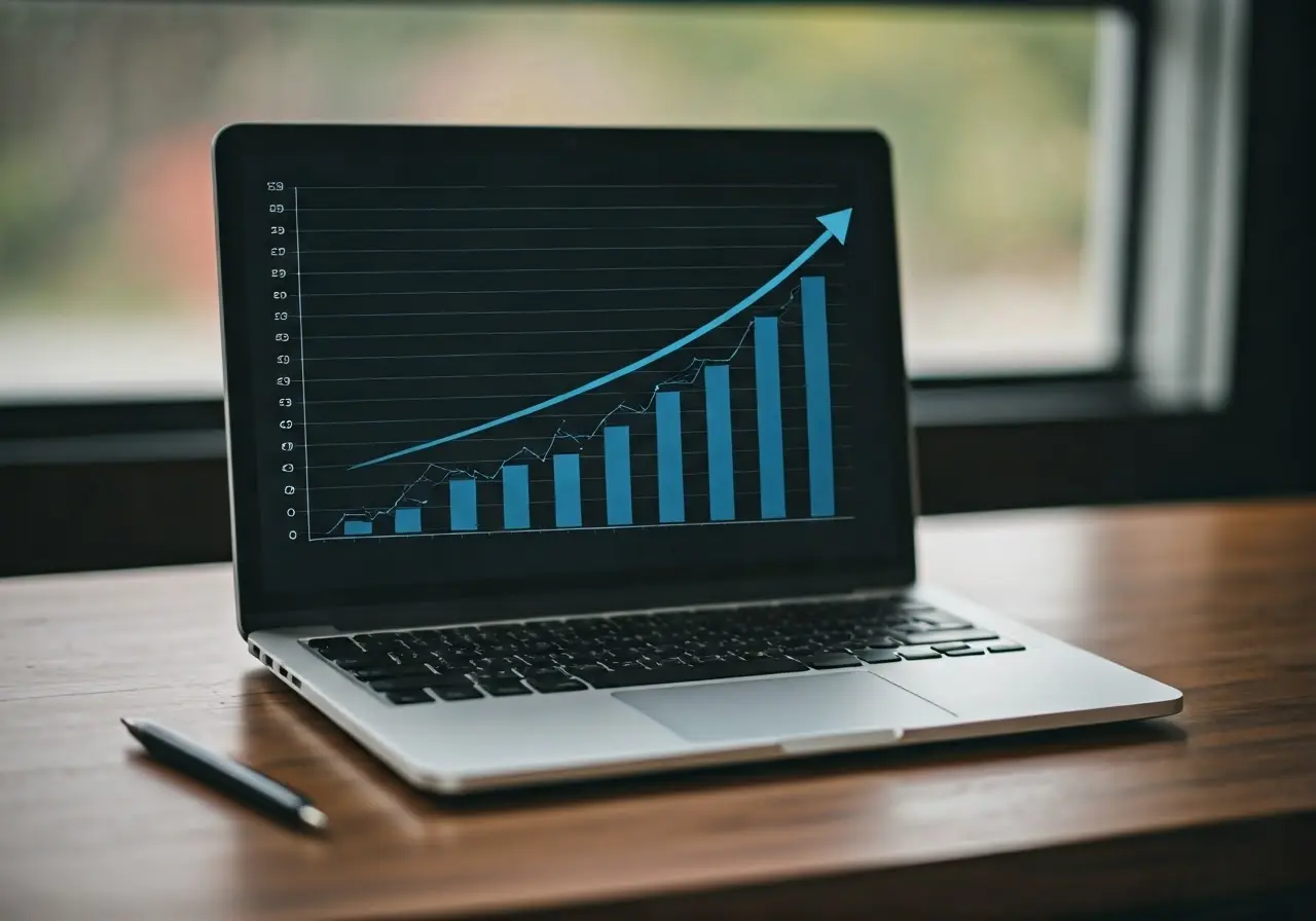 A graph showing an upward sales trend on a laptop screen. 35mm stock photo