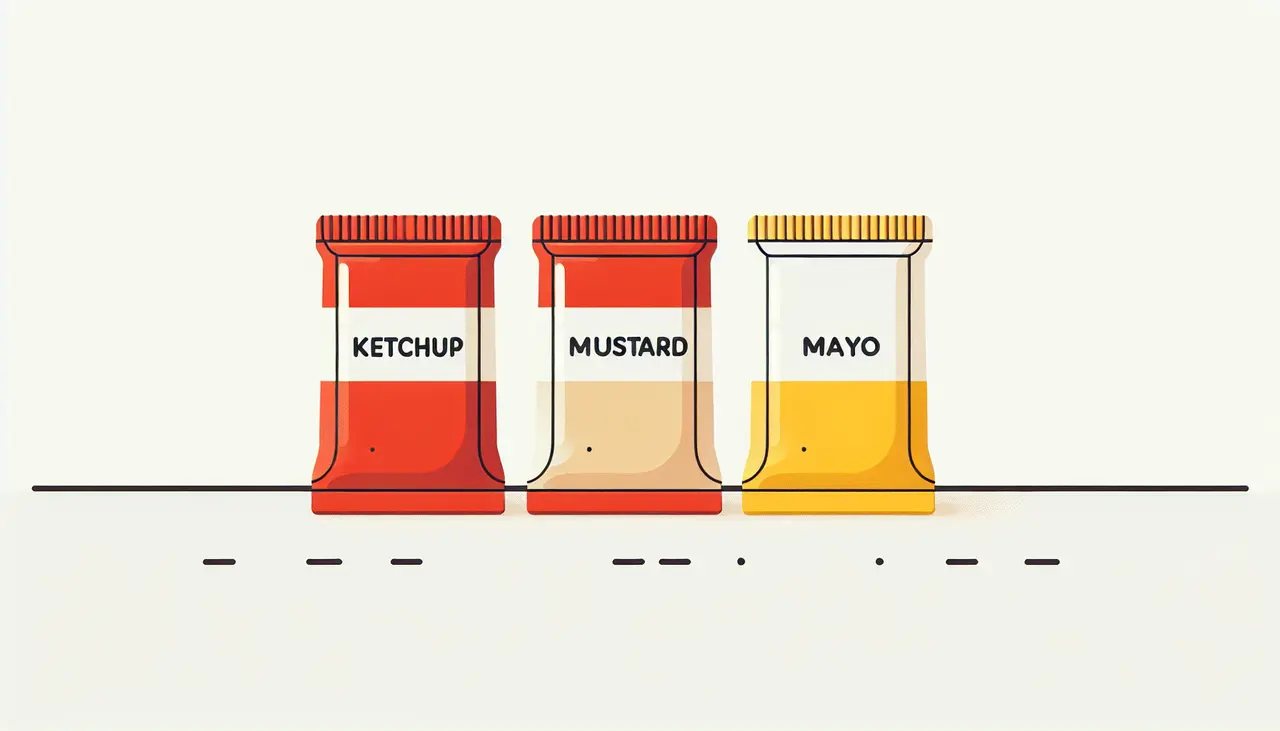 Draw a graphic in flat design style. A collection of colorful sauce sachets with simple, distinct labels for ketchup, mustard, and mayo, placed on a minimalist countertop.