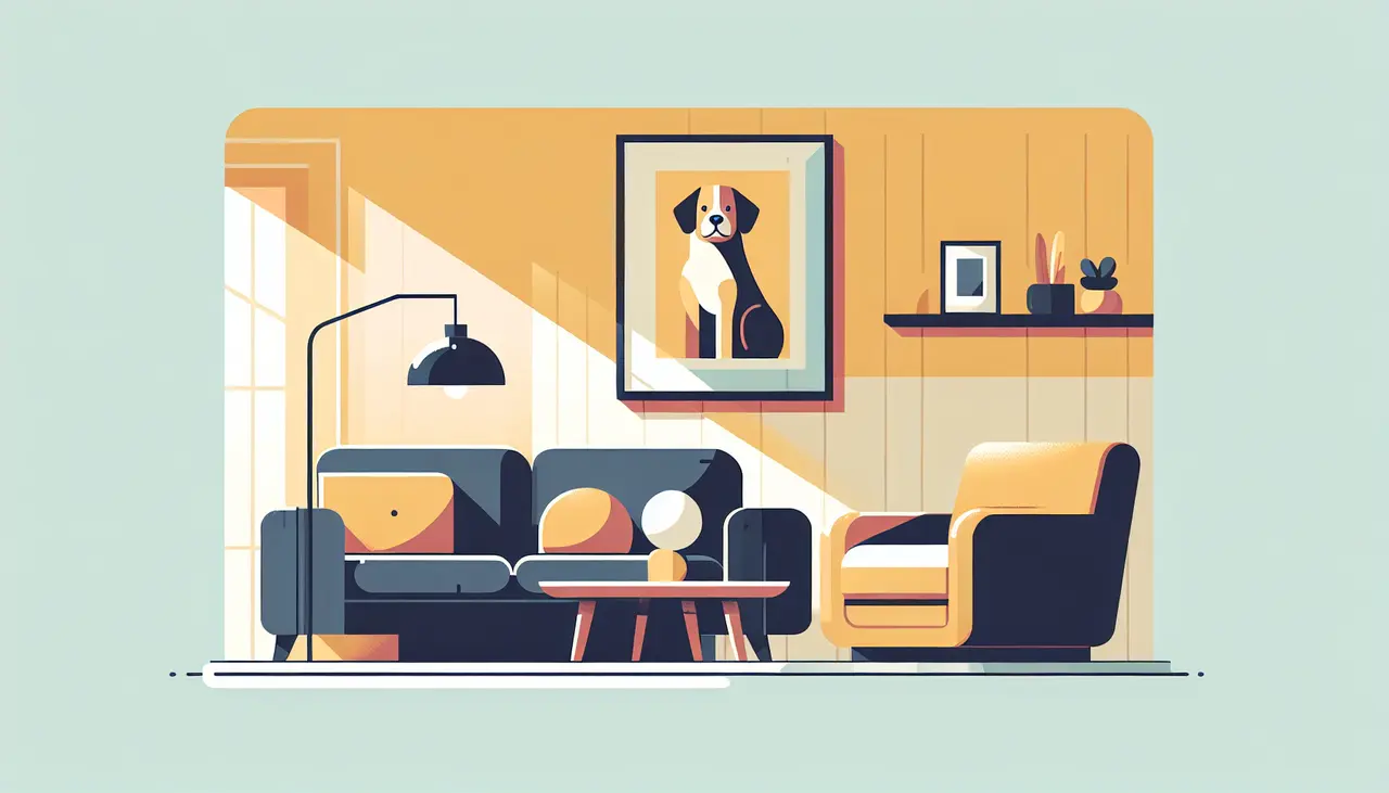 Draw a graphic in flat design style. Illustration of a cozy living room with a framed dog print on the wall.