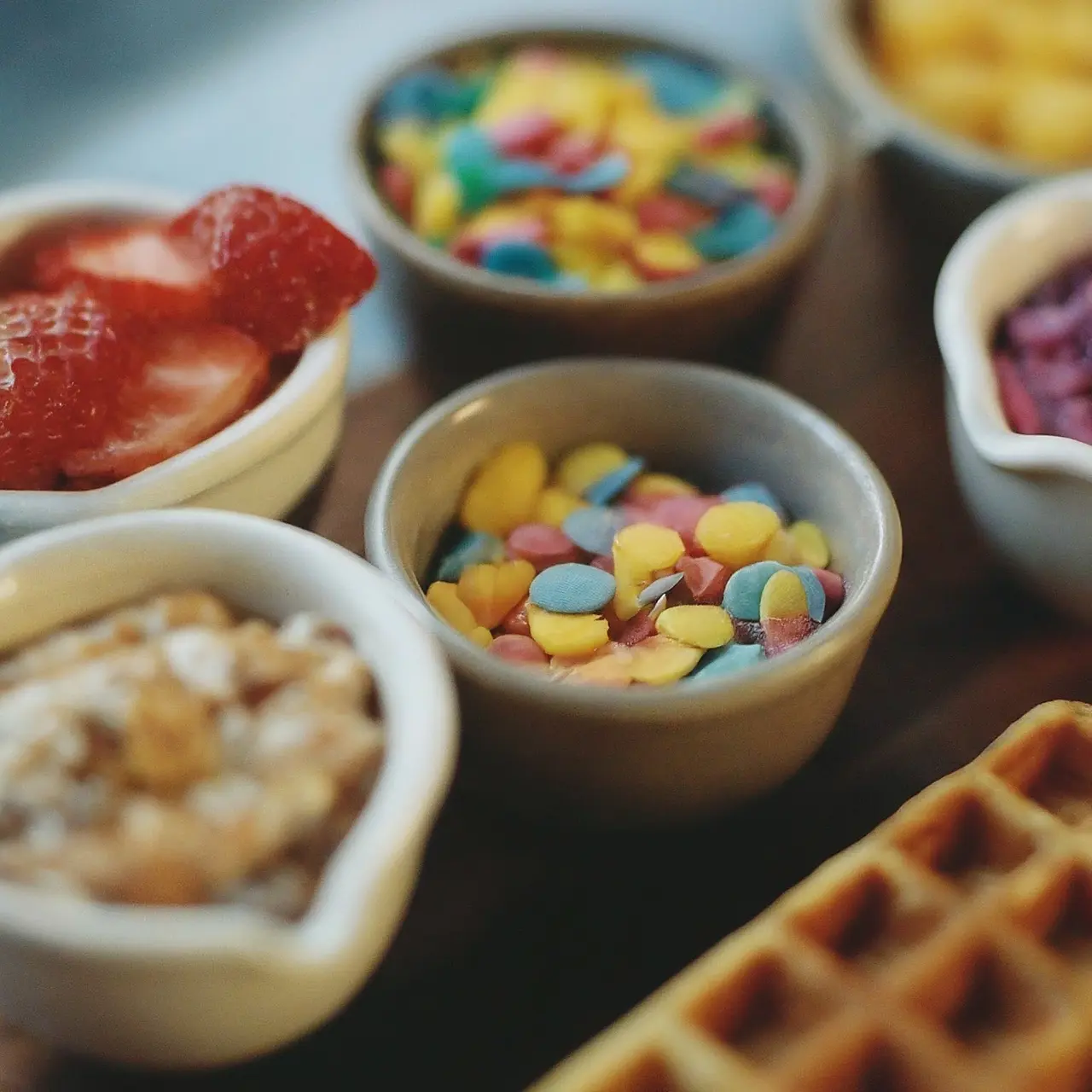 Close-up of various colorful waffle toppings in small bowls. 35mm stock photo