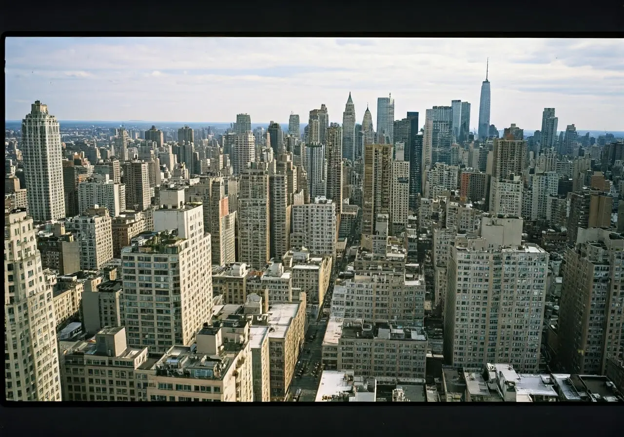 Aerial view of Manhattan skyline with residential buildings. 35mm stock photo