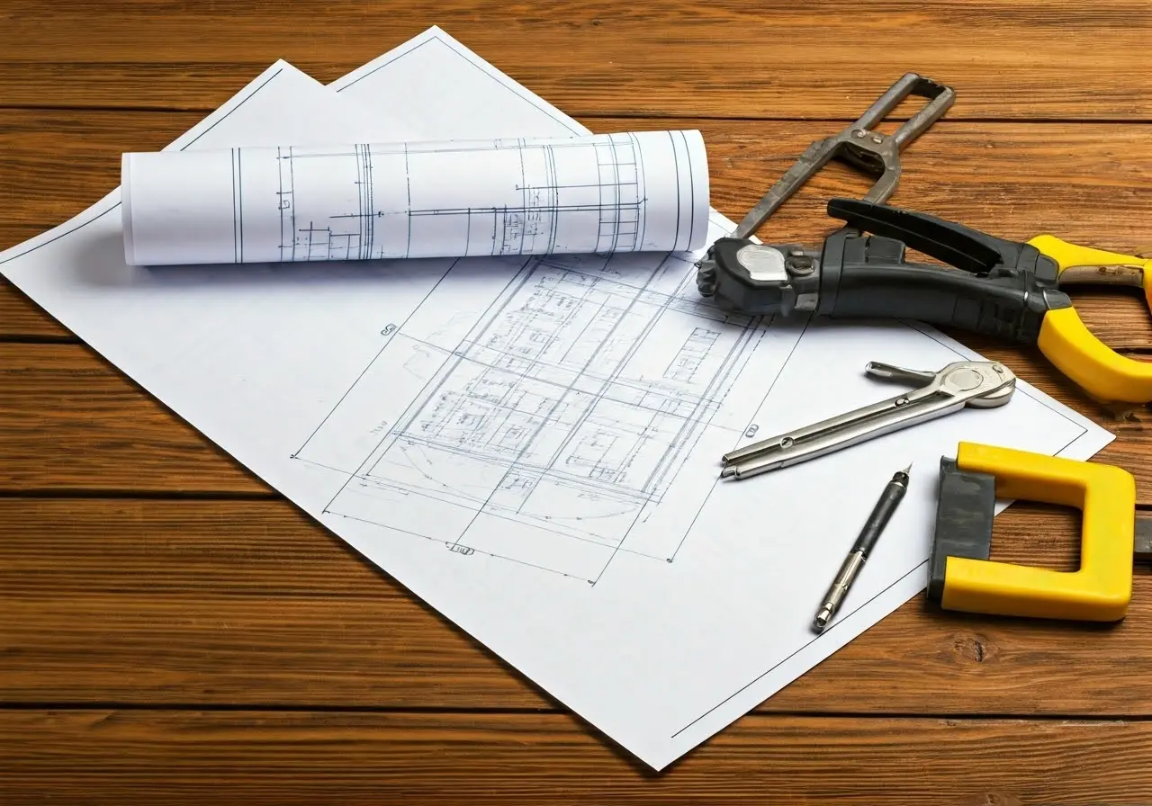 Blueprints and construction tools on a wooden surface. 35mm stock photo