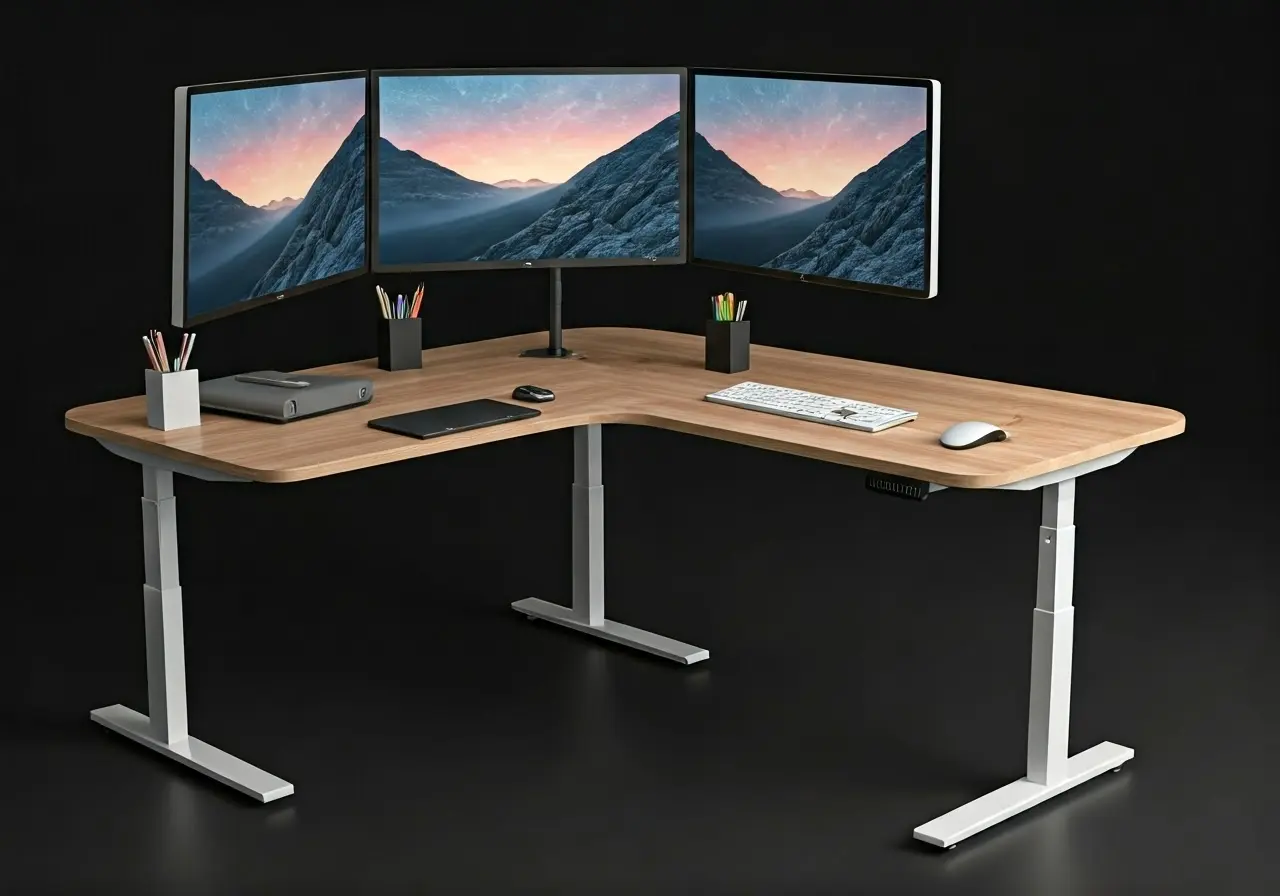 L-shaped sit-stand desk with three monitors and office accessories. 35mm stock photo