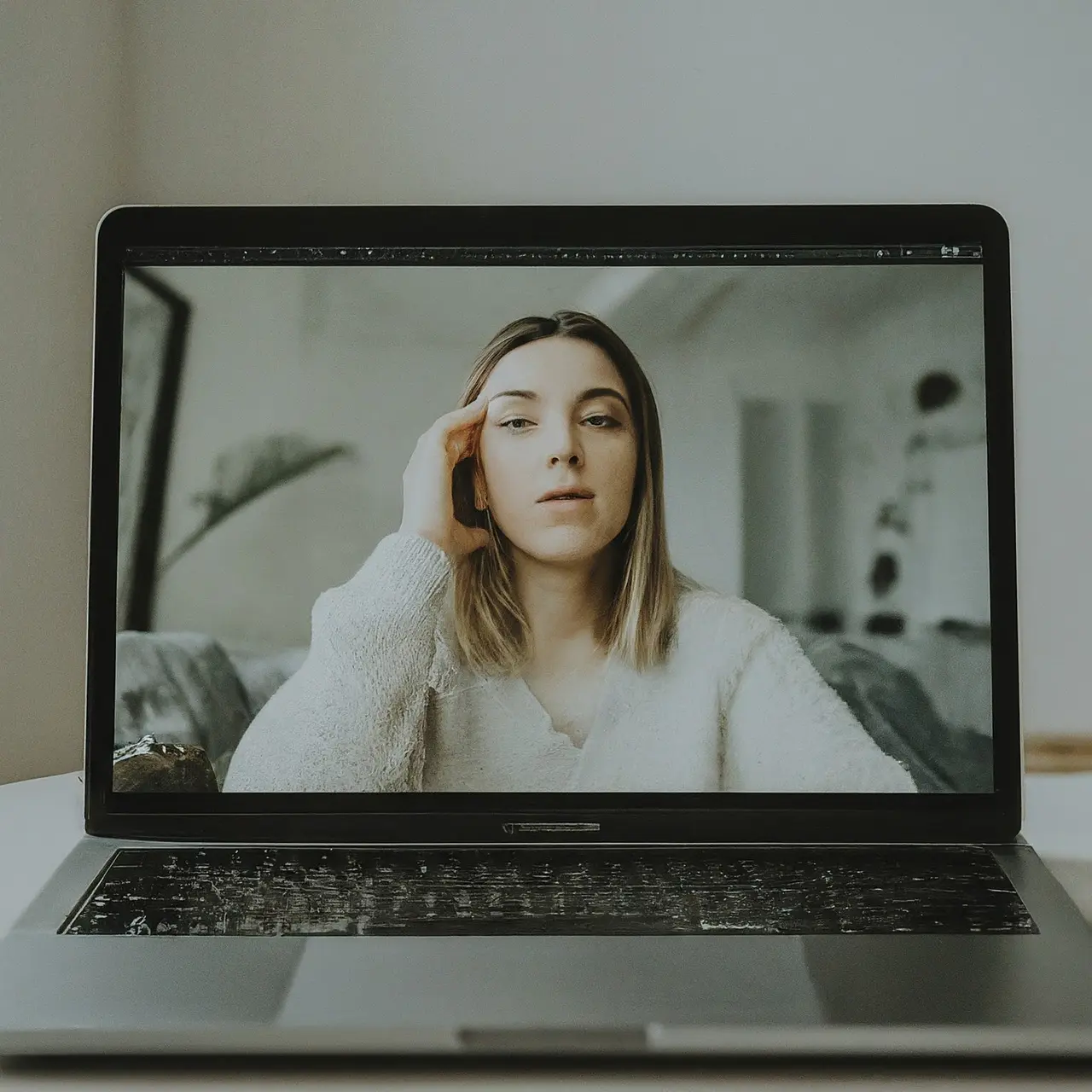 Laptop with a virtual therapy session on screen. 35mm stock photo