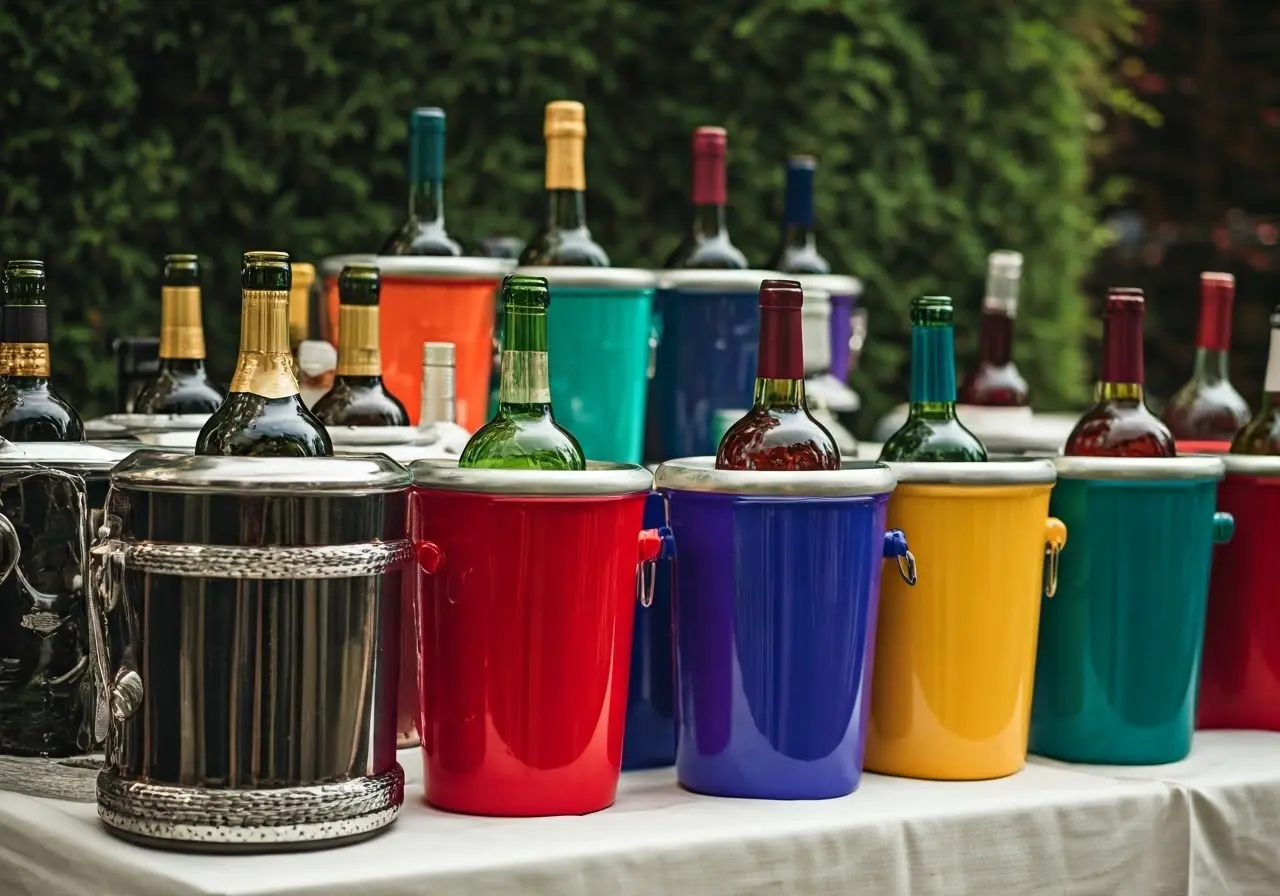 A variety of colorful wine coolers neatly arranged on a table. 35mm stock photo