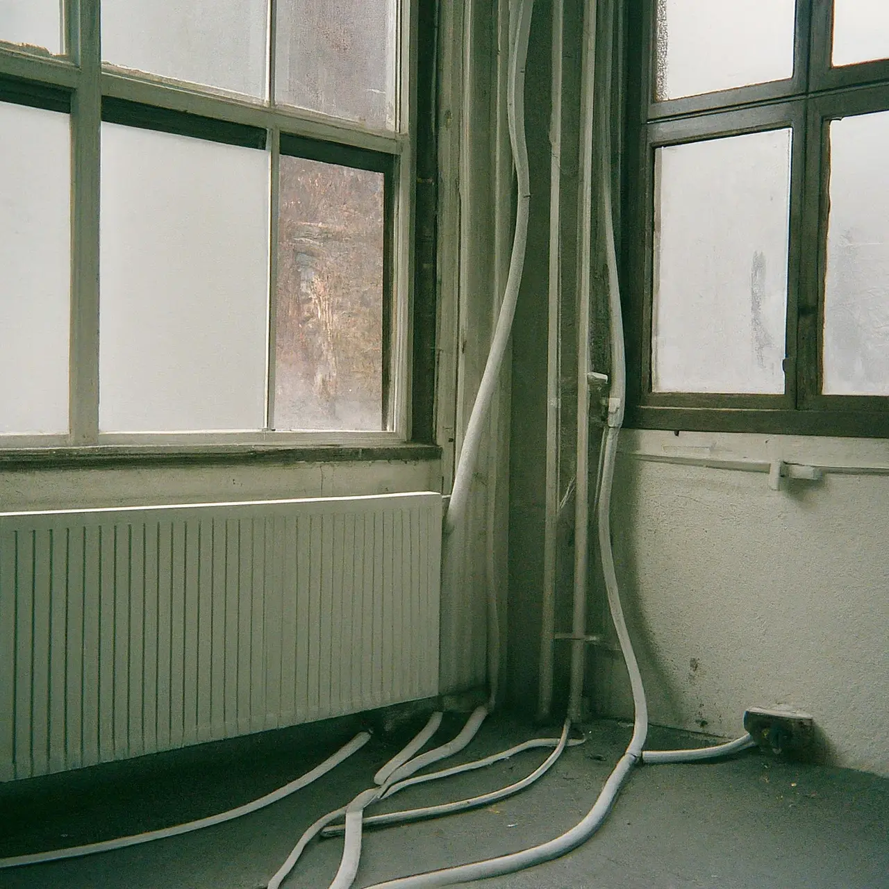 Industrial fans drying a flood-damaged room. 35mm stock photo