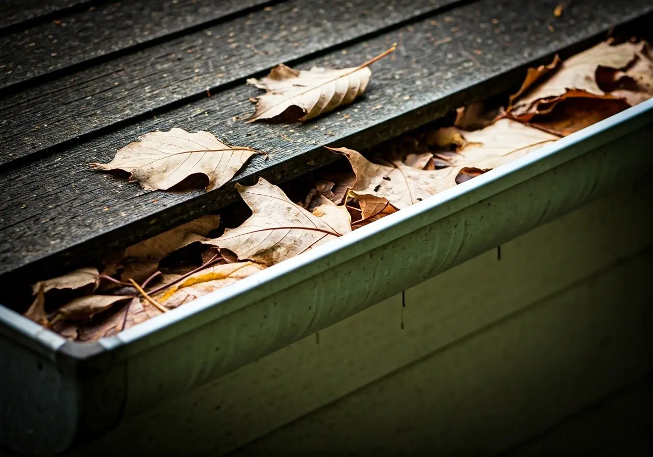 A close-up of leaves clogging a house gutter. 35mm stock photo