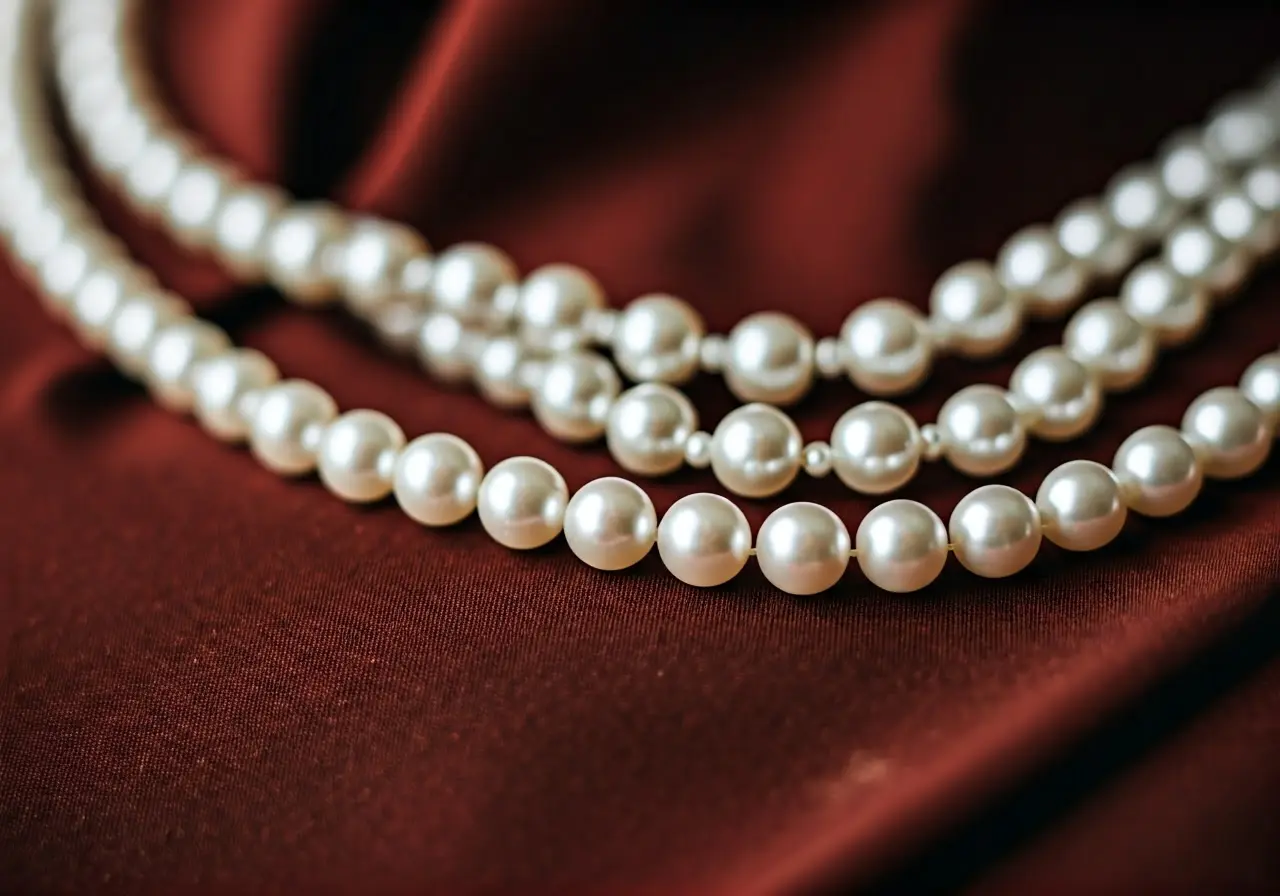 Three strands of pearls elegantly adorn a stylish jilbab. 35mm stock photo