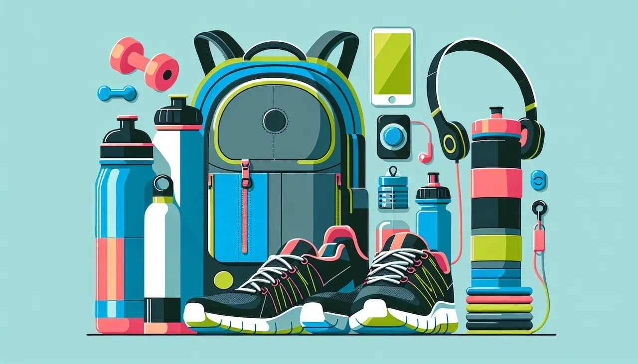 Draw a graphic in flat design style. A flat design image of a stylish, functional backpack next to fitness gear like a water bottle, running shoes, and headphones.