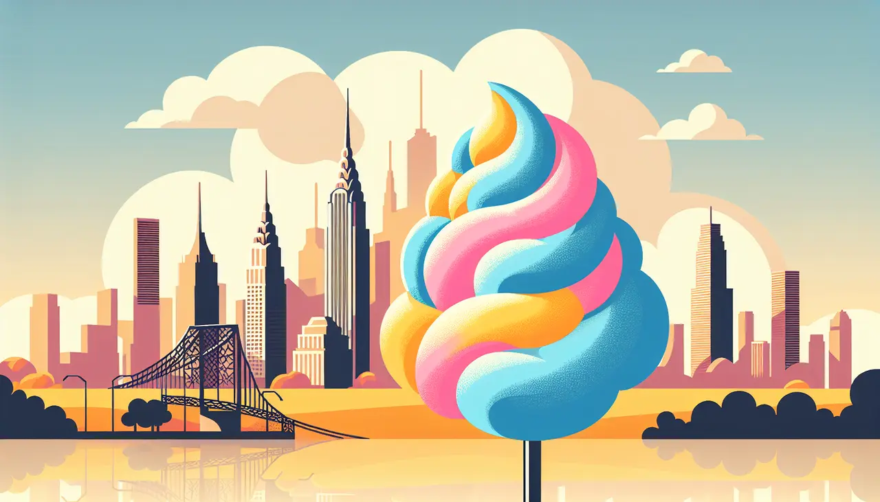 Draw a graphic in flat design style. Prompt: An illustration of a colorful gourmet cotton candy on a stick, with the Denver skyline in the background, in Flat Design Style.