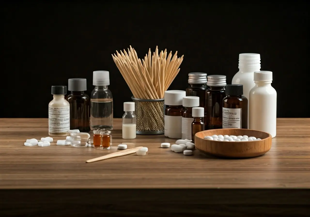 A variety of complementary medicine tools arranged on a table. 35mm stock photo