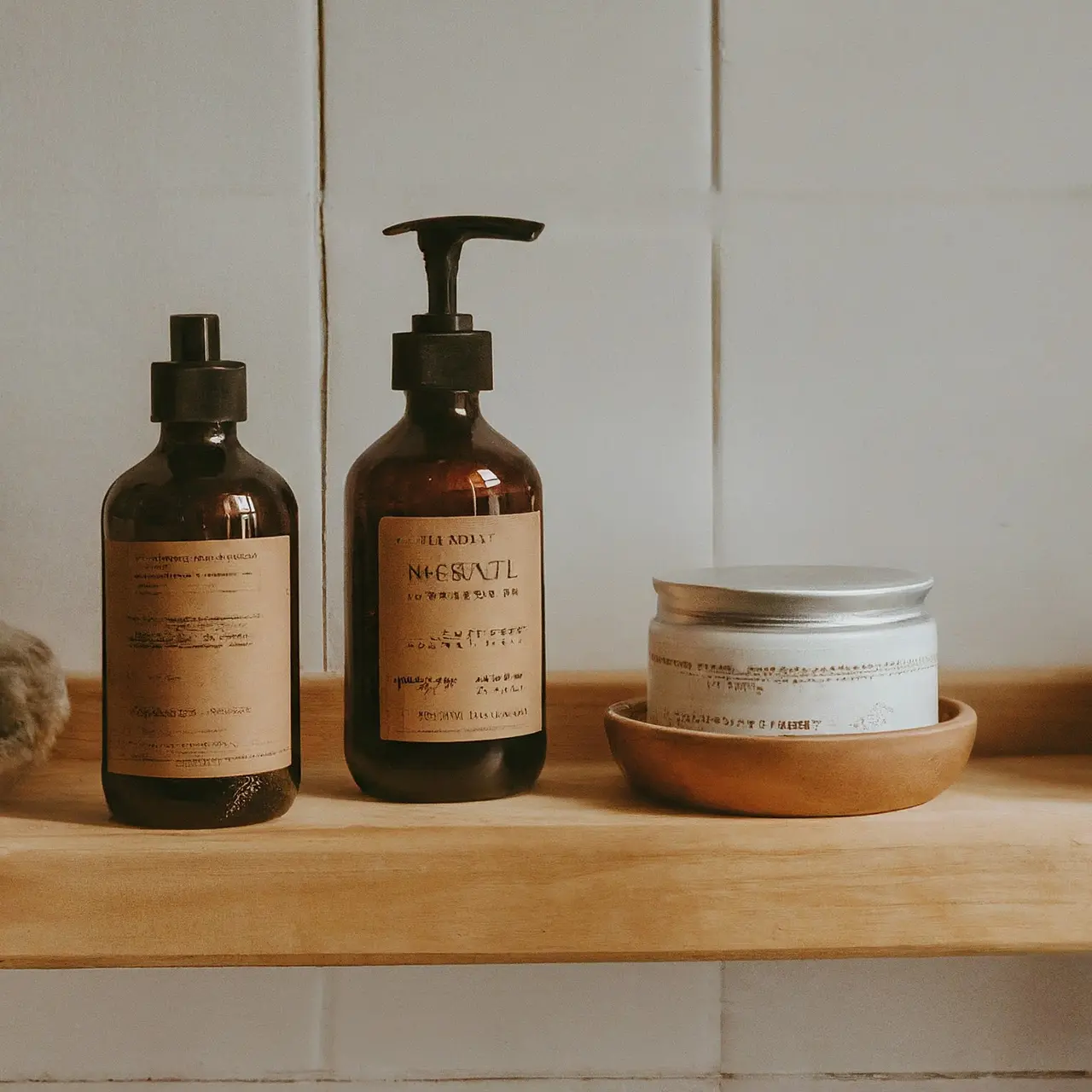 Assorted organic skincare products on a wooden bathroom shelf. 35mm stock photo