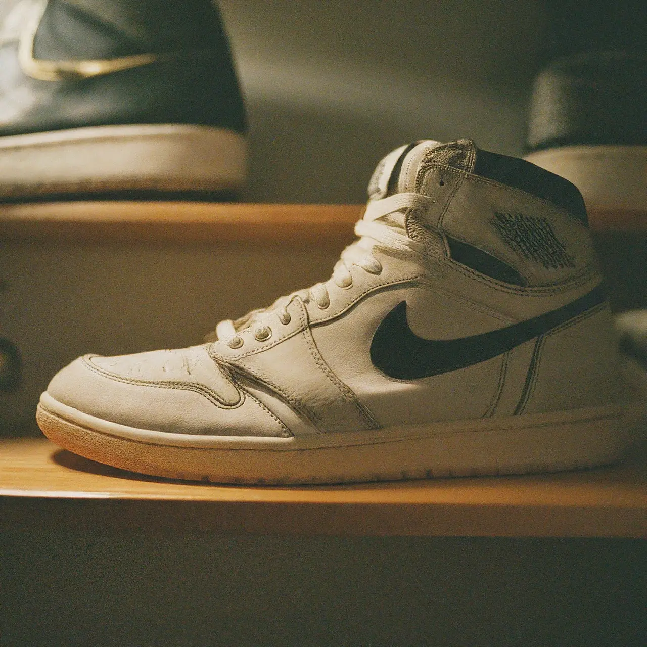 A close-up of rare sneakers on a display shelf. 35mm stock photo