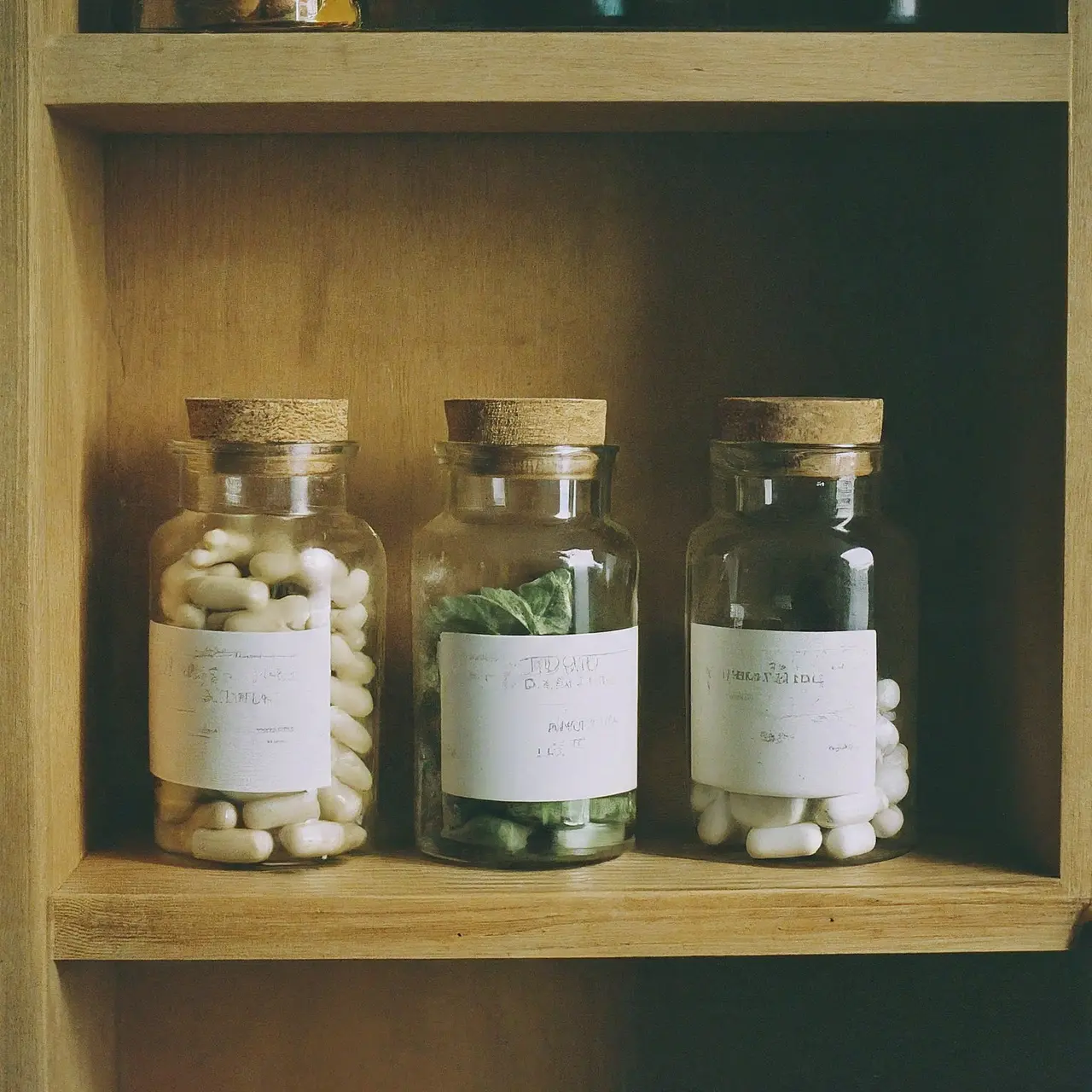 Assorted herbal supplements in glass jars on a wooden shelf. 35mm stock photo