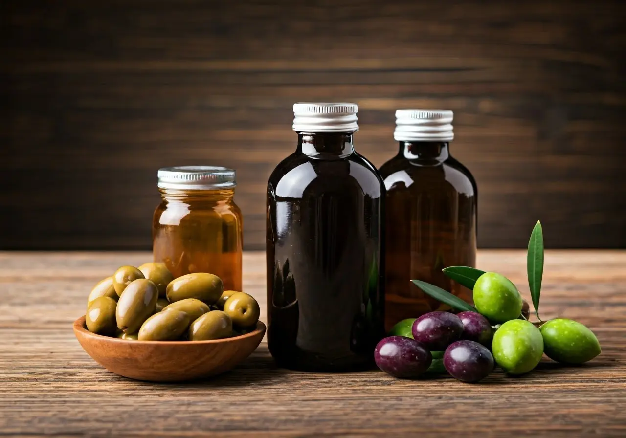 A variety of olive-based supplements next to fresh olives. 35mm stock photo