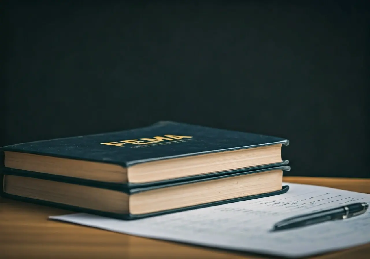 A FEMA manual resting on a desk with study notes. 35mm stock photo